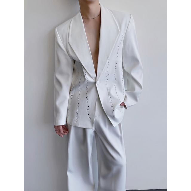 Omozando-Rhinestone One Buttoned Plain Blazer