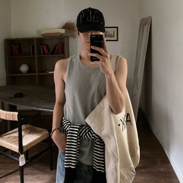 Omozando-Round Neck Plain Ribbed Tank Top