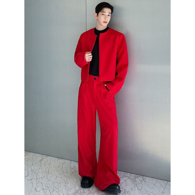 Omozando-Set Crew Neck Plain Open Front Crop Blazer Mid Rise Wide Leg Dress Pants
