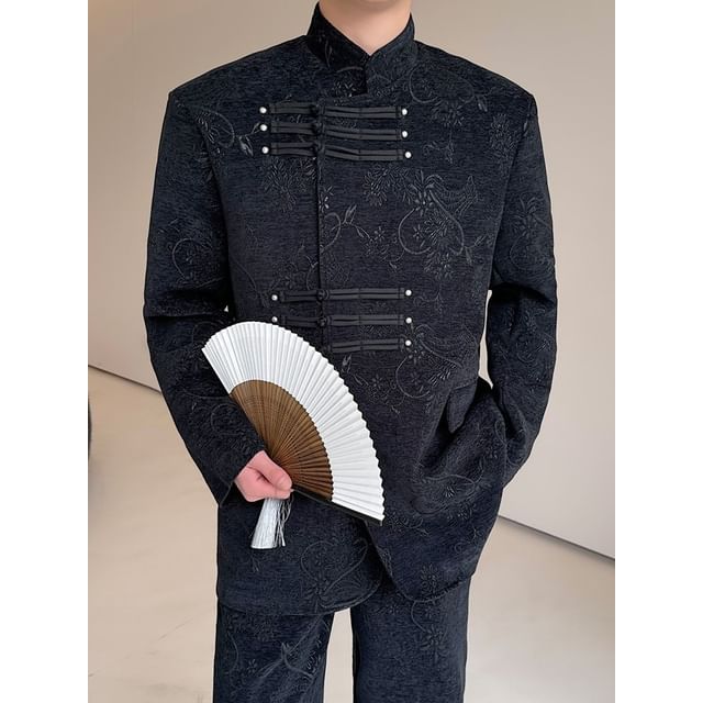 Omozando-Set Mandarin Collar Jacquard Frog Closure Jacket Mid Rise Straight Leg Pants