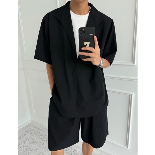 Omozando-Set Mock Two-Piece Elbow-Sleeve Split Neck Shirt Drawstring Waist Plain Wide Leg Shorts
