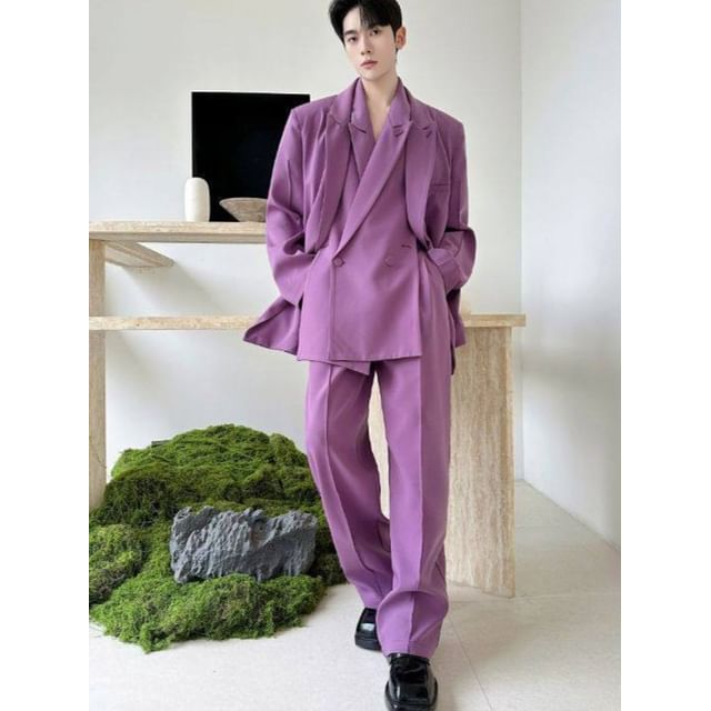 Omozando-Set Mock Two-Piece Peak Lapel Double-Breasted Plain Blazer Dress Pants