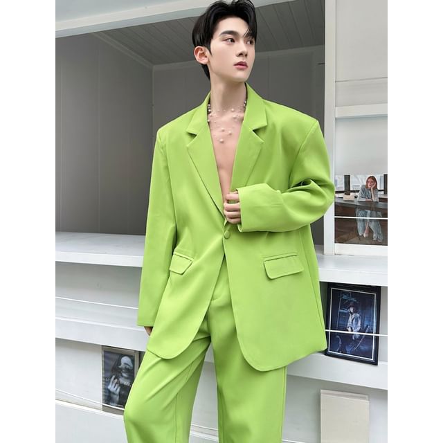 Omozando-Set Notch Lapel One-Buttoned Plain Blazer Mid Rise Wide Leg Dress Pants