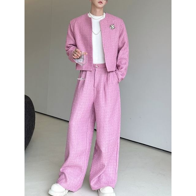 Omozando-Set Round Neck Tweed Open Front Jacket Mid Rise Straight Leg Pants