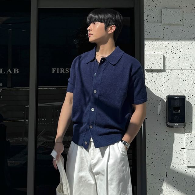 Omozando-Short-Sleeve Collared Plain Button Knit Top