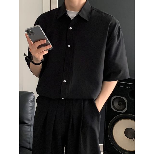Omozando-Short-Sleeve Collared Plain Button Up Shirt