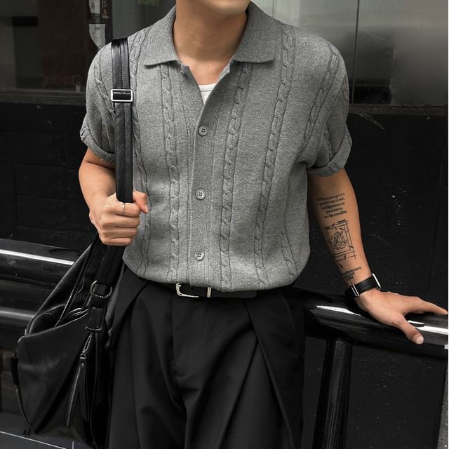 Omozando-Short-Sleeve Collared Plain Cable Knit Button Top