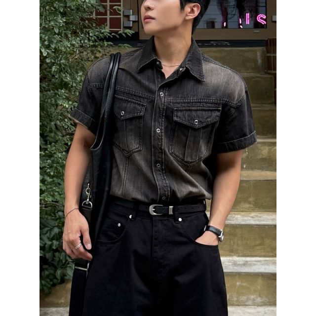 Omozando-Short-Sleeve Collared Washed Denim Button Up Shirt