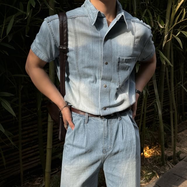 Omozando-Short-Sleeve Collared Washed Denim Button Up Shirt