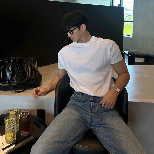 Omozando-Short-Sleeve Crew Neck Plain T-Shirt