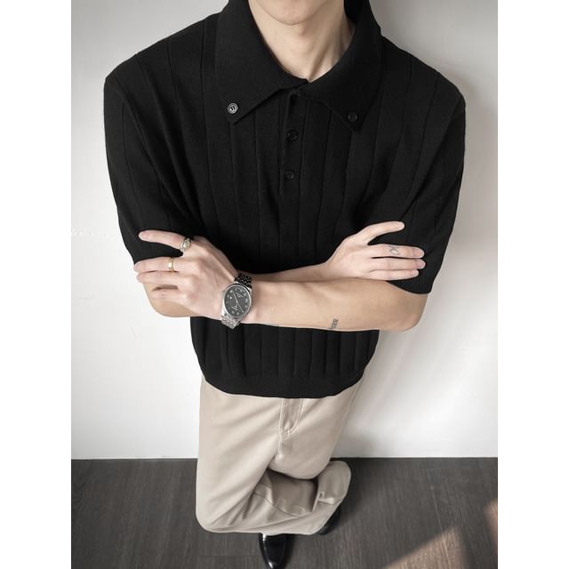Omozando-Short-Sleeve Plain Textured Polo Shirt