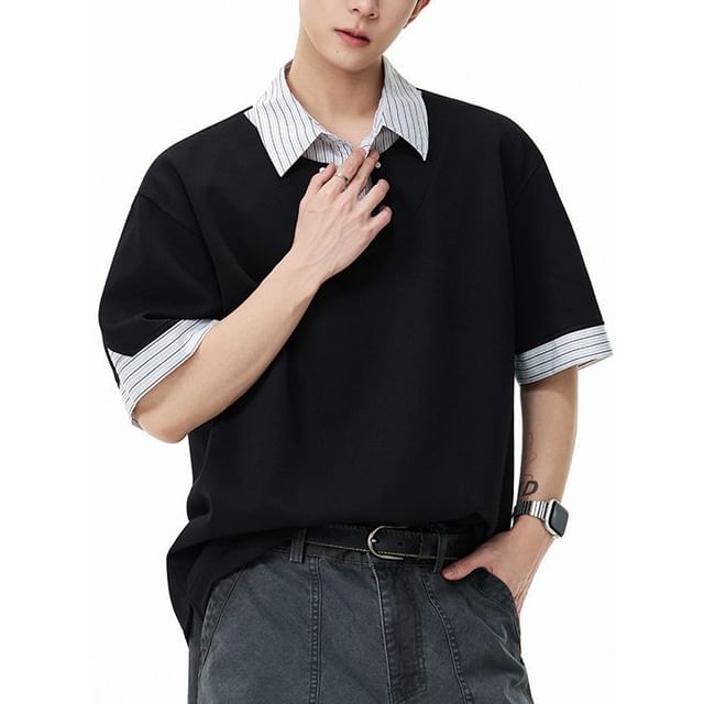 Omozando-Short-Sleeve Striped Panel Polo Shirt
