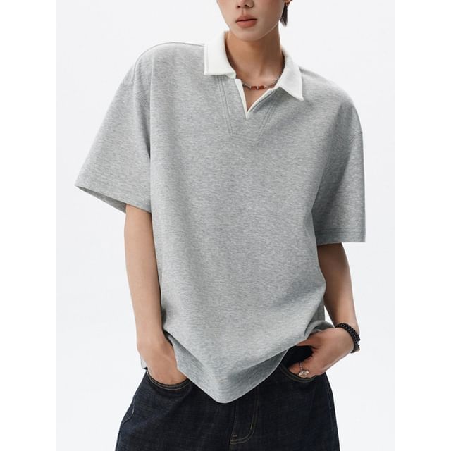 Omozando-Short-Sleeve V-Neck Two Tone Polo Shirt