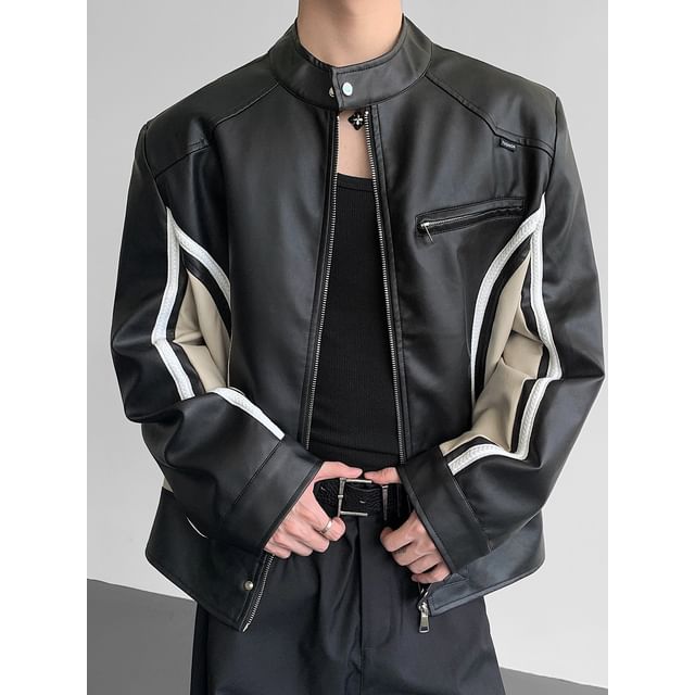 Omozando-Stand Collar Color Block Panel Faux Leather Zip Jacket