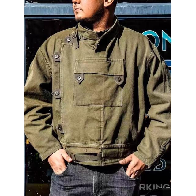 Omozando-Stand Collar Plain Buckle Button Cargo Jacket