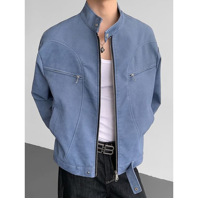Omozando-Stand Collar Plain Panel Faux Leather Zip Jacket