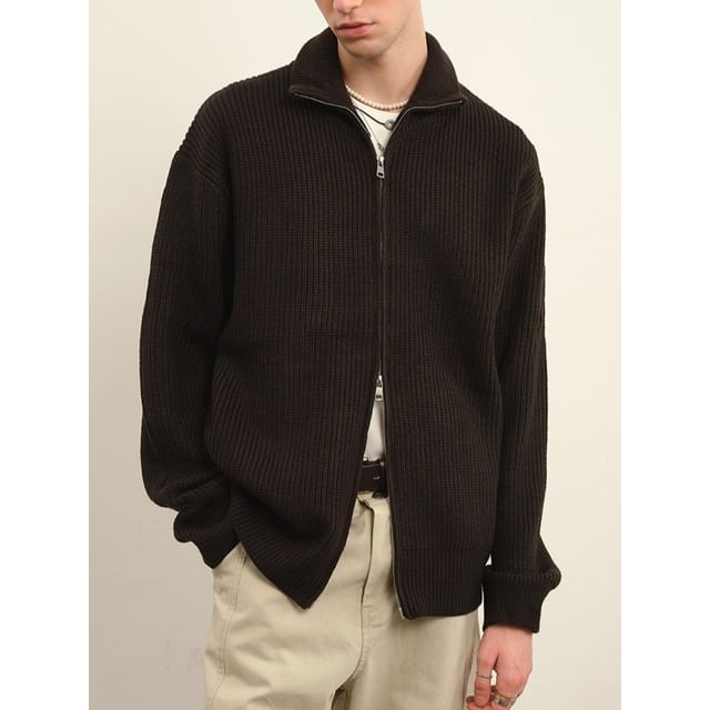 Omozando-Stand Collar Plain Zip Cardigan