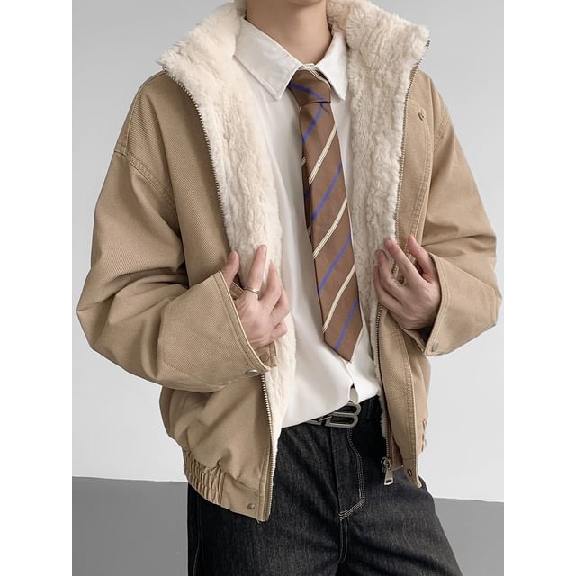 Omozando-Stand Collar Plain Zip Jacket