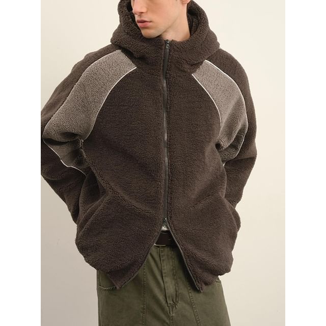 Omozando-Stand Collar Raglan Panel Fleece Zip Hoodie