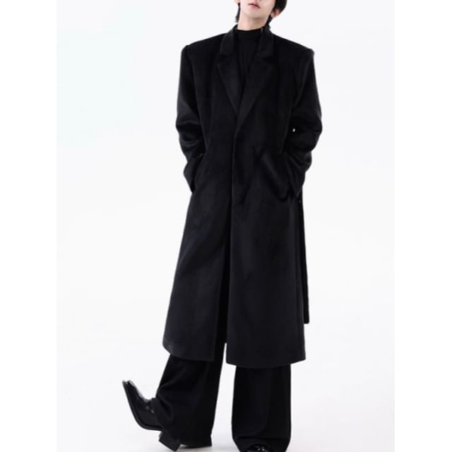 Omozando-Velvet Button-Up Plain Long Coat