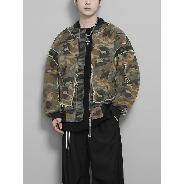 Original L-Camo Print Frayed Zip-Up Bomber Jacket