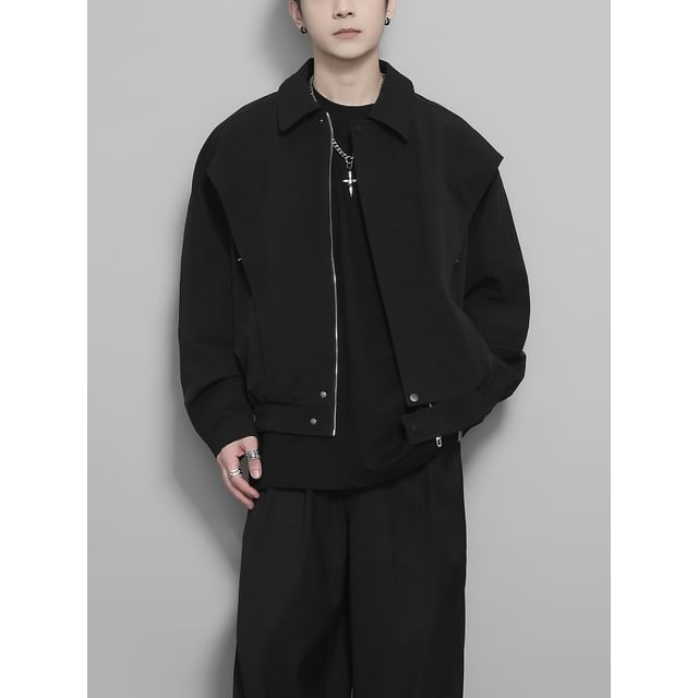 Original L-Collared Zip-Up Plain Crop Jacket