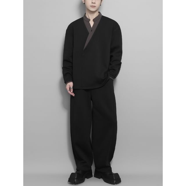Original L-Mock Two-Piece Stand Collar Two Tone Sweatshirt Drawstring Waist Plain Baggy Pants Set