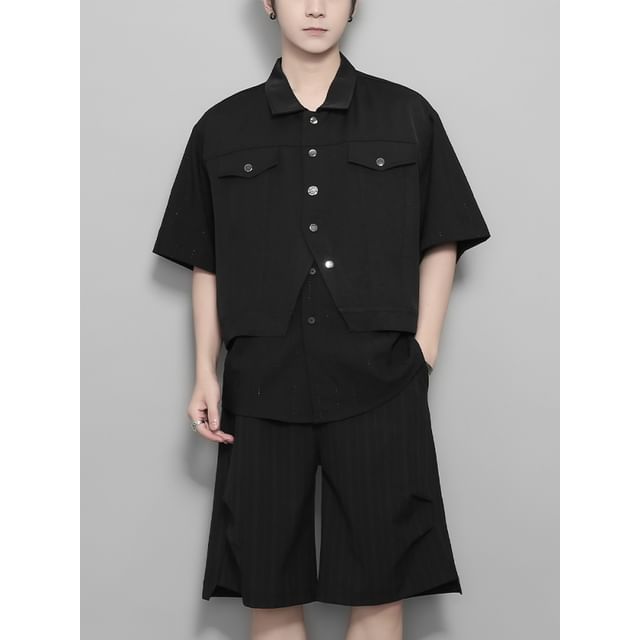 Original L-Short-Sleeve Collared Plain Mock Two Piece Button Up Shirt