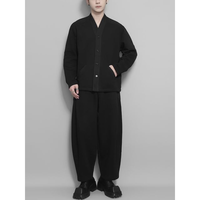 Original L-V-Neck Button-Up Plain Jacket Drawstring Waist Baggy Pants Set