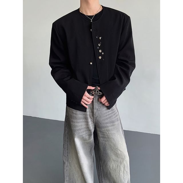 Orungeetun-Buttoned Plain Zip-Up Jacket