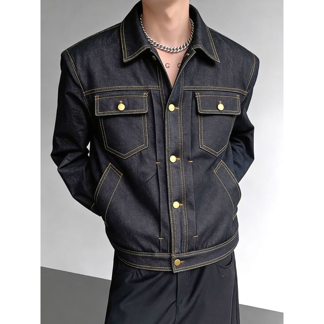 Orungeetun-Collared Unwashed Button Denim Jacket