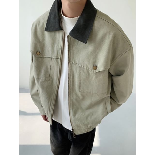 Orungeetun-Collared Zip-Up Denim Cargo Jacket