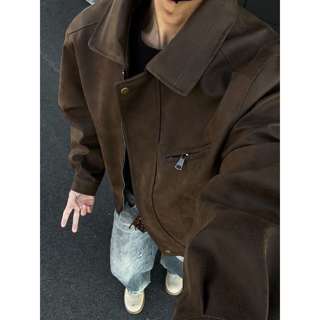 Orungeetun-Collared Zip-Up Plain Jacket