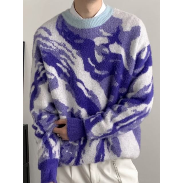Orungeetun-Crew Neck Camo Print Sweater