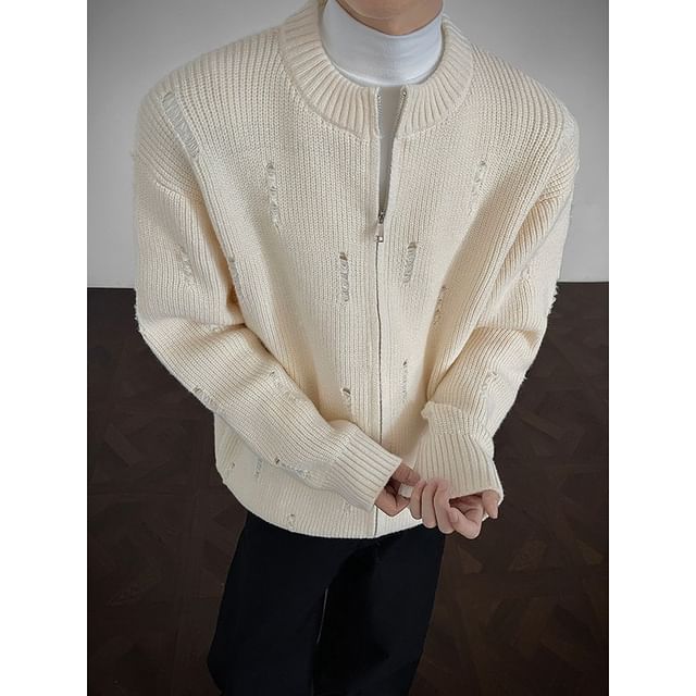 Orungeetun-Crewneck Distressed Plain Cardigan