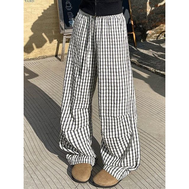 Orungeetun-Drawstring Waist Plaid Baggy Pants