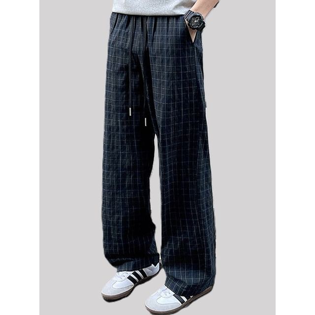 Orungeetun-Drawstring Waist Plaid Straight Leg Pants