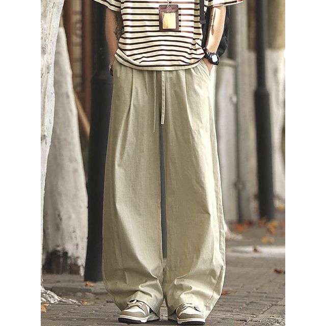 Orungeetun-Drawstring Waist Plain Baggy Pants