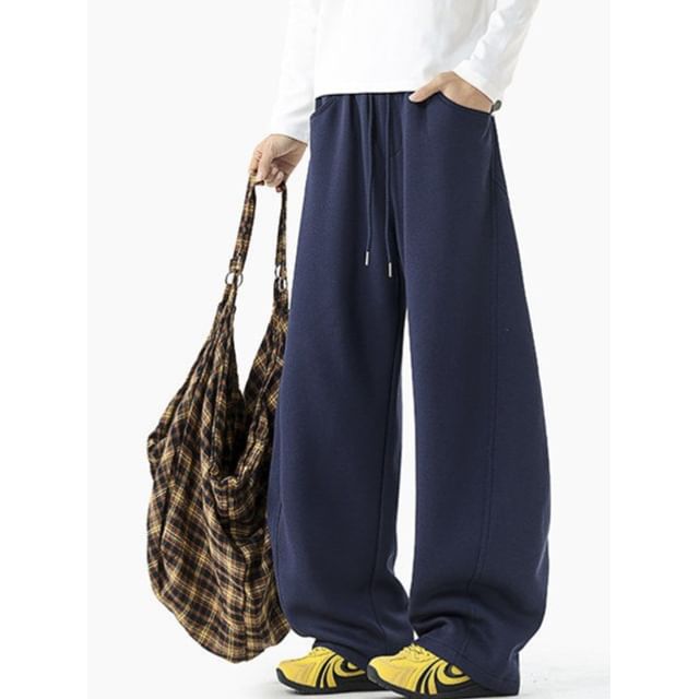Orungeetun-Drawstring Waist Plain Baggy Sweatpants