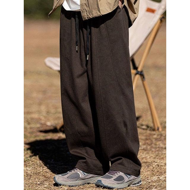 Orungeetun-Drawstring Waist Plain Straight Leg Pants
