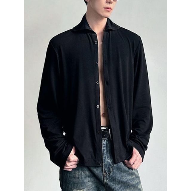 Orungeetun-Drawstring Waist Turtleneck Plain Button Top