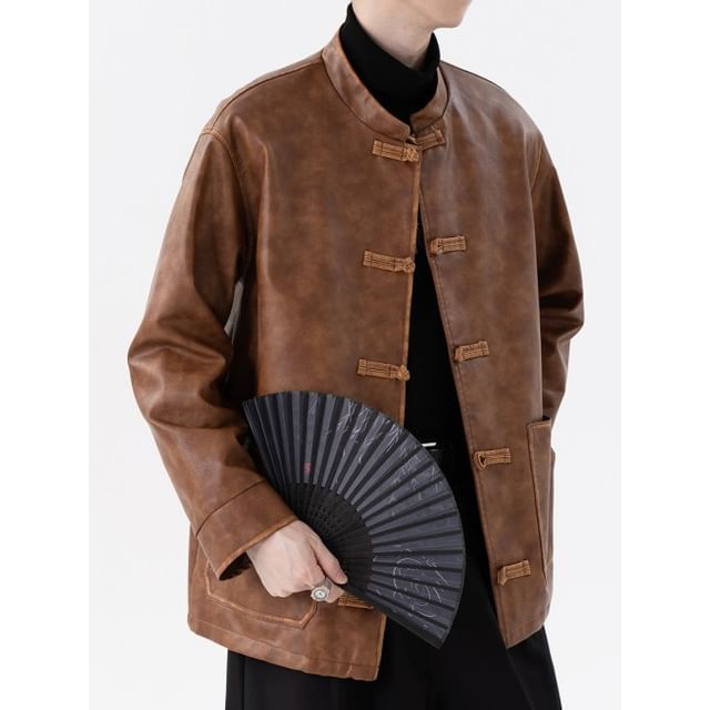 Orungeetun-Faux Leather Frog Buttoned Jacket