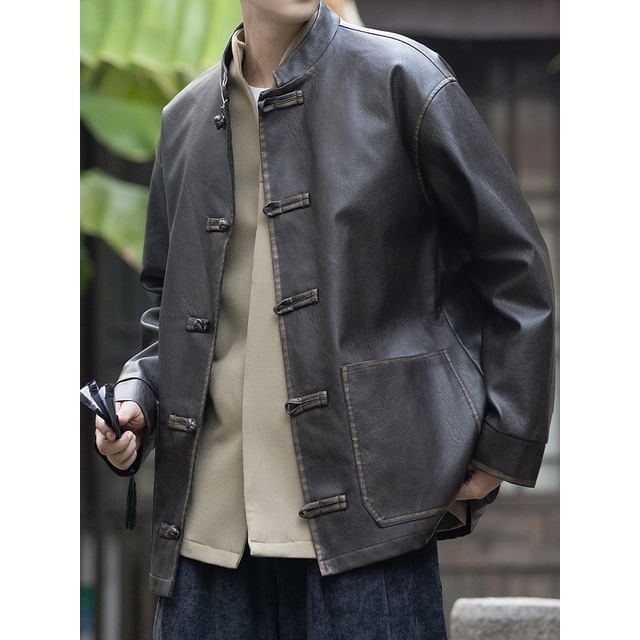Orungeetun-Faux Leather Frog Buttoned Jacket