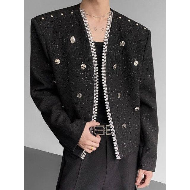 Orungeetun-Glitter Rhinestone Button Embellished Open Front Blazer