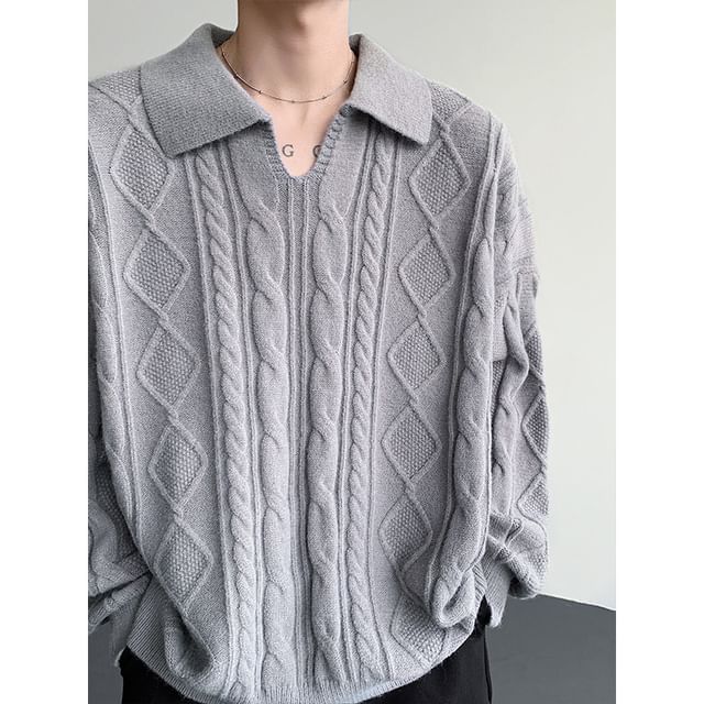 Orungeetun-Long-Sleeve Cable Knit Plain Polo Top