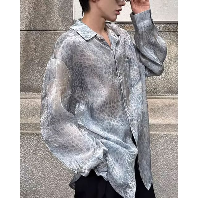 Orungeetun-Long-Sleeve Leopard Print Button-Up Sheer Shirt