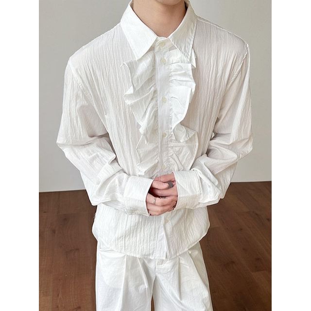 Orungeetun-Long-Sleeve Ruffle Plain Shirt