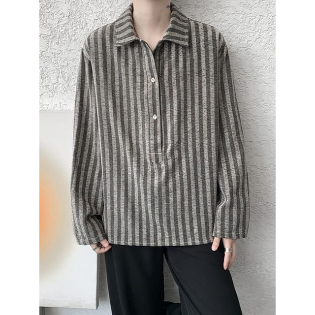 Orungeetun-Long-Sleeve Striped Half-Buttoned Shirt