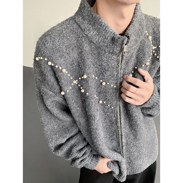 Orungeetun-Mock Neck Beaded Knit Zip-Up Jacket