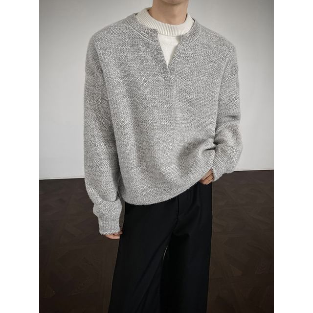 Orungeetun-Mock Two-Piece Notched Two Tone Sweater